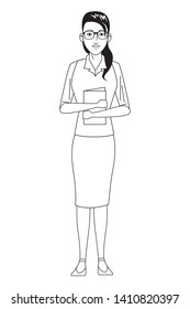 businesswoman avatar cartoon character wearing sueter and skirt black and white vector illustration graphic design