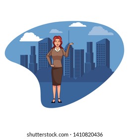 businesswoman avatar cartoon character wearing sueter and skirt in a cityscape vector illustration graphic design