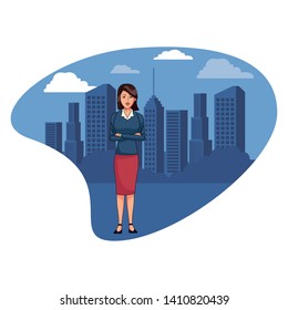 businesswoman avatar cartoon character wearing sueter and skirt in a cityscape vector illustration graphic design