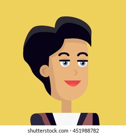 Businesswoman avatar icon isolated on yellow background. Woman with black hair. Smiling young girl personage. Flat design vector illustration