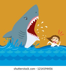 Businesswoman avoiding shark attacks, illustration vector cartoon
