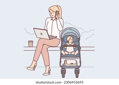 Businesswoman with baby in stroller sits in park and works with laptop keeping balance between career and family. Successful businesswoman talking on phone sitting on bench near son