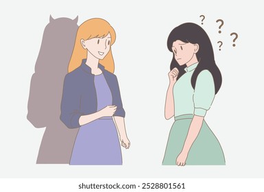 Businesswoman with bad thoughts , devil horns shadow behind talking with doubt woman. Deal with the devil. Hand drawn flat cartoon character vector illustration.