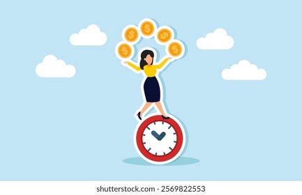 A businesswoman balances on a clock while juggling dollar coins, illustration of a timeline in managing business investment assets