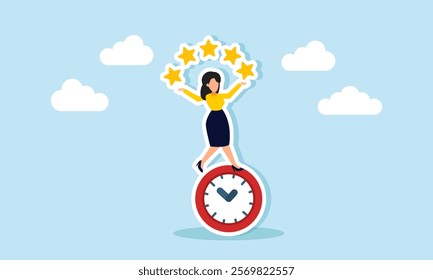 A businesswoman balances on a clock while juggling lights, illustration of a timeline in applying a business quality improvement strategy