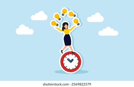 A businesswoman balances on a clock while juggling lights, illustration of a timeline in applying and implementing business ideas