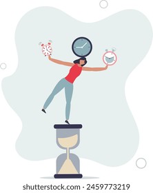 businesswoman balancing all time pieces, sandglass, alarm clock, countdown timer.flat vector illustration.