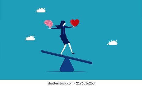 Mujer de negocios balanceando cerebro y corazón en las escalas. ilustración vectorial