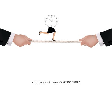 Businesswoman balancing on rope held by businessmen's hands with clock head