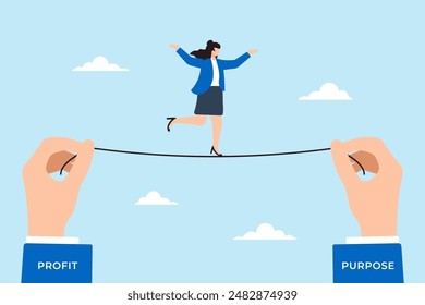 Businesswoman balancing on tightrope between Profit and Purpose concept ethical business practices values and trade-offs