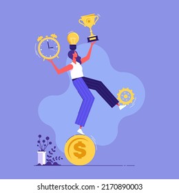 Businesswoman balancing some business action icons as business strategy. Business concept vector illustration
