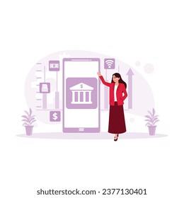 Businesswoman and banking service application on the smartphone. Internet Banking concept. Trend Modern vector flat illustration
