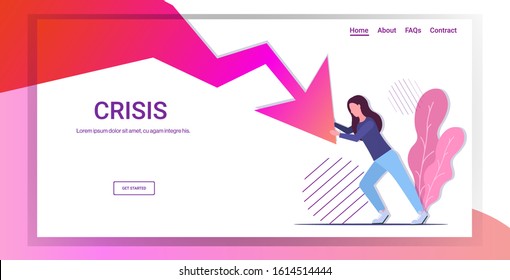 businesswoman bankrupt holding economic red arrow fall down business profit loss financial crisis concept horizontal full length copy space vector illustration