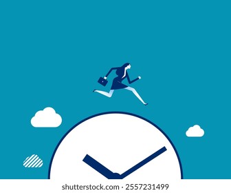 Businesswoman beginnings and starting line. Business jumping vector flat style
