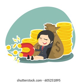 businesswoman beside money sack holding coin magnet