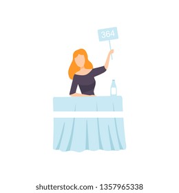 Businesswoman Bidding in Public Auction House. Female Bidder Raising Paddle with Number to Buy Piece of Art. Vector Illustration.