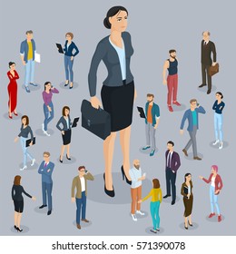 Businesswoman big boss leader office abstract with a background of isometric 3d flat design vector people different characters, styles and professions, full length diverse acting poses collection.