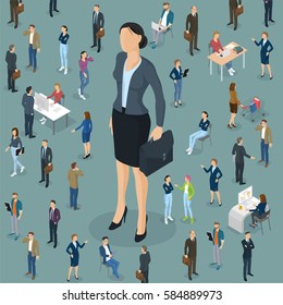 Businesswoman big boss leader office abstract with a background of isometric 3d flat design vector people different characters, styles and professions, full length diverse acting poses collection.
