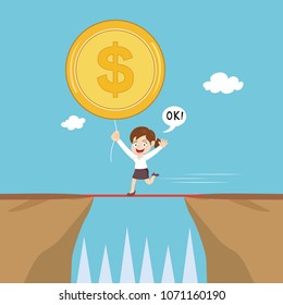 Businesswoman with big dollar sign across the gap between hill, success concept money