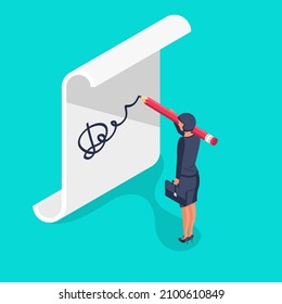 Businesswoman with big pen puts signature on a piece of paper. Vector illustration isometric 3d design. Modern technology business. Agree. Legal confirmation.