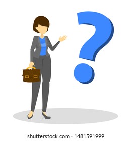 Businesswoman and big question mark vector isolated. Woman think, search solution. Ask business people. Briefcase and suit. Huge ask mark.