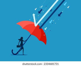 Businesswoman with big umbrella protects from crisis arrow attack 