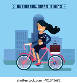 Businesswoman Biking. Woman Riding a Bicycle in the City. Vector illustration
