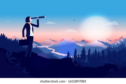 Businesswoman with binocular searching for opportunities - Female manager standing in a landscape with sunrise looking for solutions. Business outlook, female leader, strategy concept. Illustration.