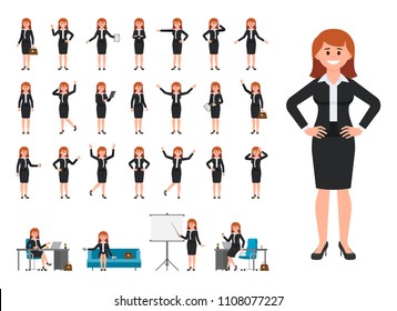 Businesswoman in black suit cartoon character. Vector illustration of female working in office