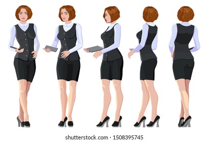 businesswoman in a black suit. Five vector images of a turning woman. Front, profile, three-quarter, back. Female figure
