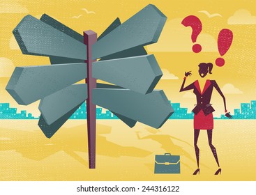 Businesswoman at a Blank Sign Post Dilemma.  Illustration of Retro styled Businesswoman with a selection of Business related options and choices to make. All recruitment Agencies need one of these!