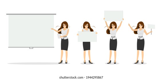 Businesswoman with blank white banner set. Beautiful business woman character pointing on presentation screen. Successful female manager holding posters and showing empty nameplate placard. Vector
