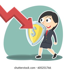 businesswoman blocking down graph with shield