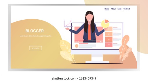 businesswoman blogger making presentation live streaming social network blogging concept woman presenting financial graph and diagram portrait monitor screen horizontal copy space vector illustration