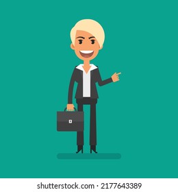 Businesswoman blonde holding briefcase and pointing finger at. Flat people. Vector Illustration