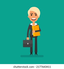 Businesswoman blonde holding briefcase and holding yellow folder. Flat people. Vector Illustration