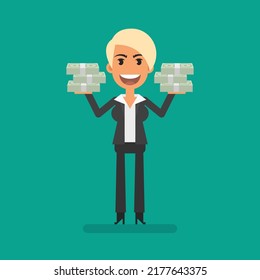 Businesswoman blonde holds many bundles of money. Flat people. Vector Illustration