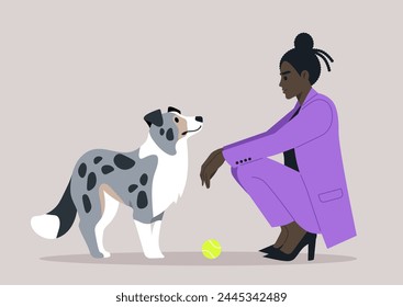 Businesswoman and Blue Marble Border Collie Share a Moment before work, A female owner in a purple suit kneels to say goodbye to a speckled Border Collie beside a yellow ball