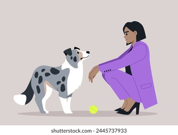 Businesswoman and Blue Marble Border Collie Share a Moment before work, A female owner in a purple suit kneels to say goodbye to a speckled Border Collie beside a yellow ball