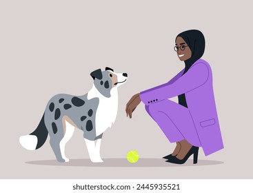 Businesswoman and Blue Marble Border Collie Share a Moment before work, A female owner in a purple suit kneels to say goodbye to a speckled Border Collie beside a yellow ball