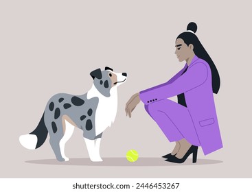 Businesswoman and Blue Marble Border Collie Share a Moment before work, A female owner in a purple suit kneels to say goodbye to a speckled Border Collie beside a yellow ball