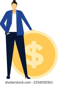 Businesswoman in a blue suit leaning on a large golden coin with a dollar sign, representing financial growth, investment, and economic prosperity