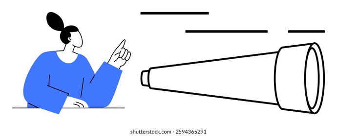 Businesswoman in blue sweater pointing at a large telescope, suggesting vision and future goals. Ideal for business strategy, leadership, innovation, planning, goal setting, motivation