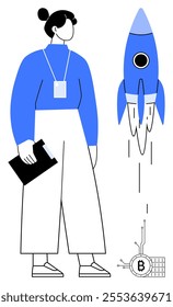 A businesswoman in blue and white outfit stands holding a clipboard. A rocket launching nearby signifies innovation and progress. A Bitcoin symbol at the bottom suggests cryptocurrency themes. Ideal