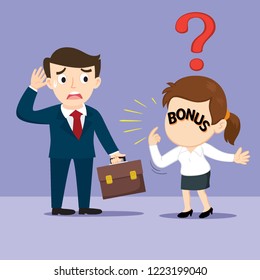 Businesswoman with bonus sign on face, illustration vector cartoon