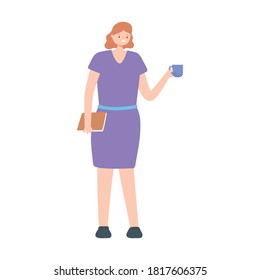 businesswoman with book and coffee cup isolated design white background vector illustration