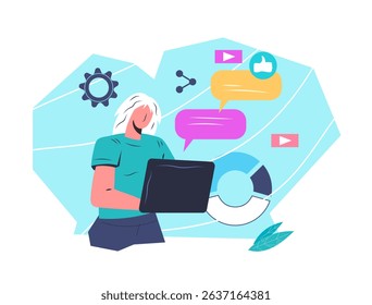 Businesswoman boosts online business through effective digital marketing strategies. Online marketplace, social media marketing, vector illustration isolated on white.