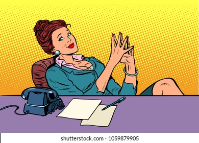 businesswoman boss sitting at the office Desk. Pop art retro vector illustration comic cartoon vintage kitsch