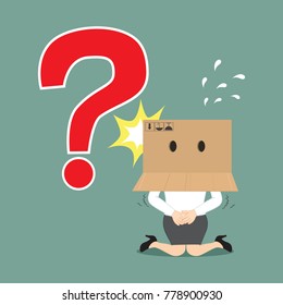 Businesswoman with box on her head hiding question mark, illustration vector cartoon