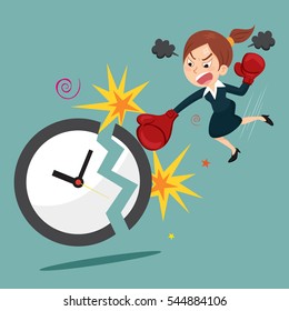 Businesswoman in boxing beat the clock, vector illustration cartoon